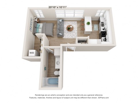 a stylized floor plan with a bedroom and a living roomat SoRoc On Maine, Rochester, 55904